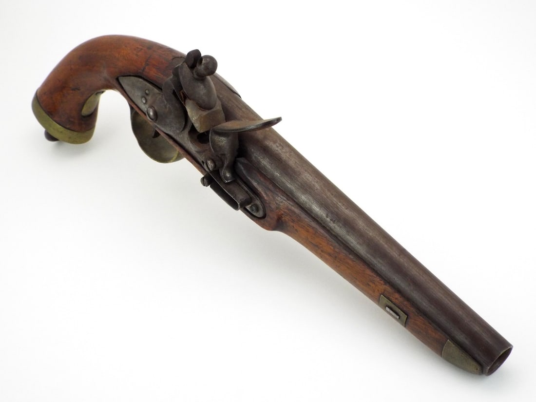 Ottoman 19th C. Cavalry Pistol LIEGE BELGIUM PROOF & Arabic Inscription: Full stock walnut pistol with heavy round barrel showing ELG star proof and inspection marks. Steel lock plate features Islamic script stamp with functional flintlock mechanism. Brass furniture compri