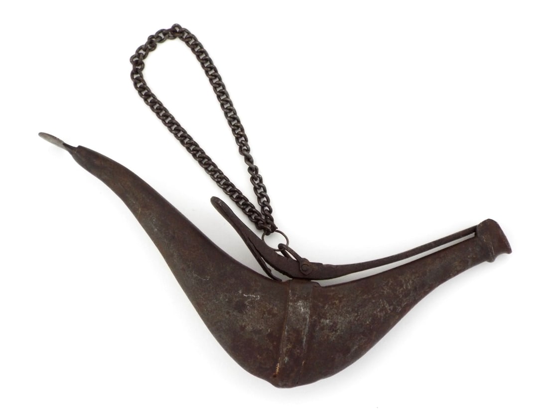 Ottoman 18th C. Priming Flask FORGED IRON & Hanger Chain (1 of 11)