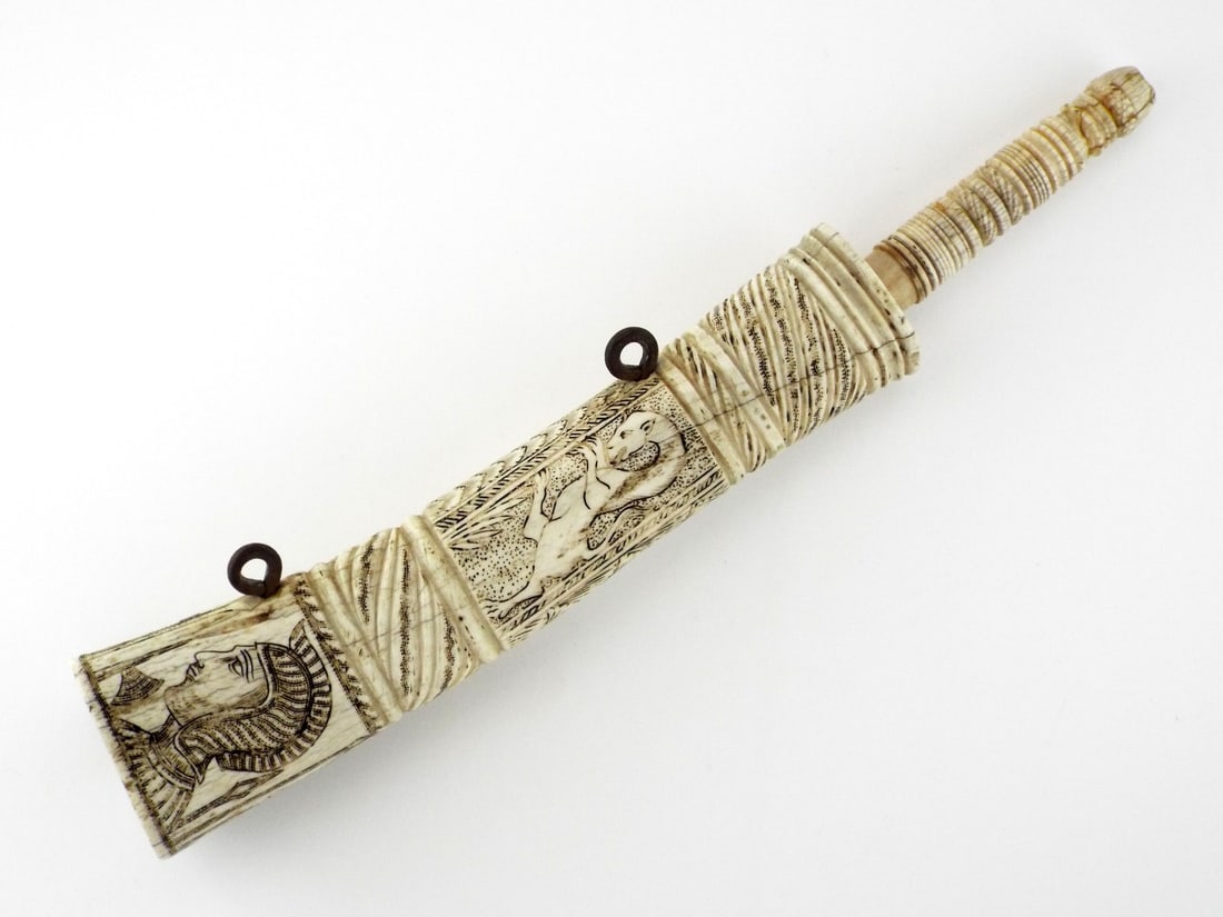 Large Mediterranean 19th C. Bone Powder Flask with Extensive Scrimshaw Work (1 of 20)