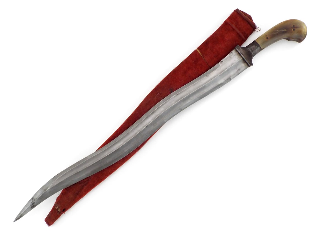 Ottoman 19th C. Short Sword HORN HILT & Recurved Blade: Double fullered recurved blade displays dark oxidation and scattered spotting. Iron bolster remains solid with dark age patina. Tapered hilt comprises two piece translucent horn scales secured by iron