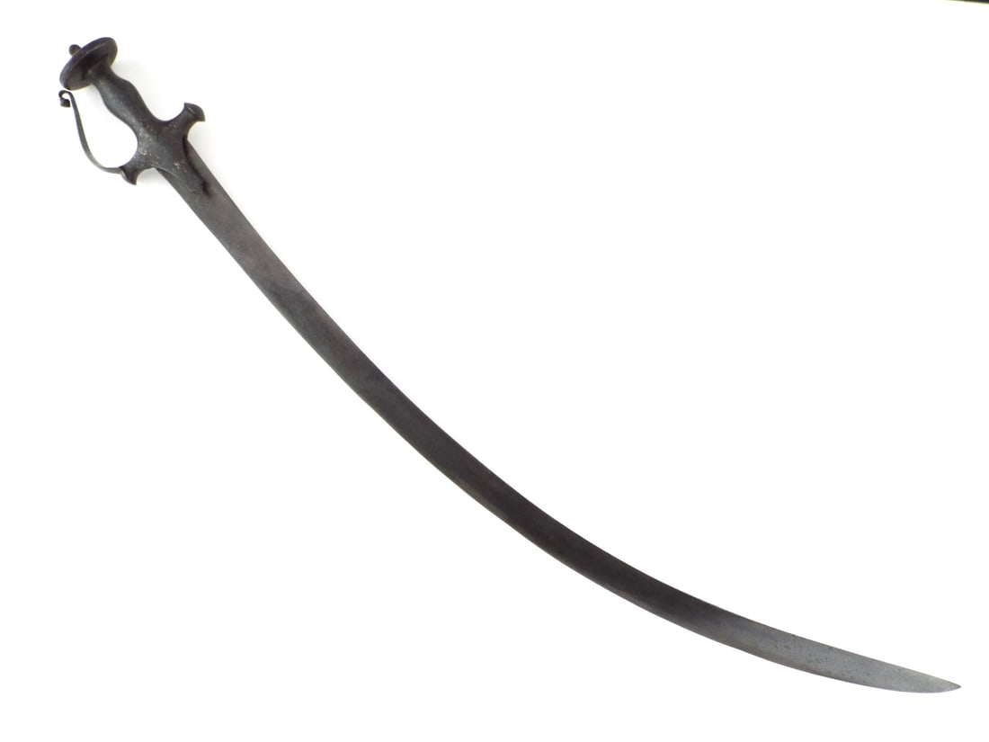 Very Rare Indian Mughal Shamshir SWORD with BLACK WOOTZ BLADE: Quality blade of high contrast black wootz crucible steel showing deep grey patina with scattered surface oxidation. The steel exhibits a tight, crystalline structure throughout the length. Iron hilt