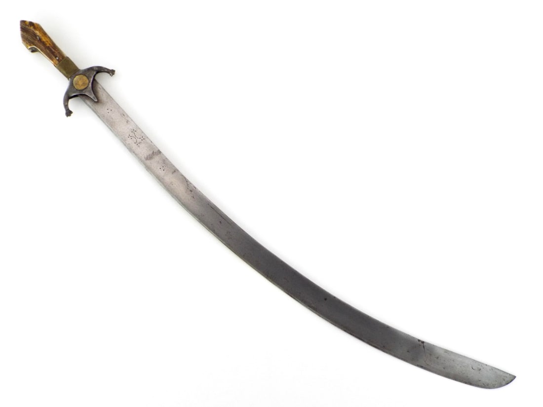 Indian 19th C. Shamshir Sword with Robust Blade & STAG HORN HILT: Heavy curved blade shows localized oxidation and grey patina with distinct X pattern punch marks to the forte. The spine remains solid with expected edge wear. Stag horn grip scales are secured by