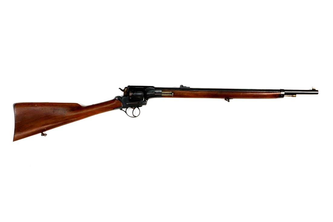 Rare Belgian Late 19th C. Custom Sport Revolving Carbine By AUGUSTE FRANCOTTE: Blued steel rifled barrel showing slight high edge wear and a bright six shot cylinder stamped with crown over AF and French A. Francotte inscription. The single frame retains a crisp loading gate