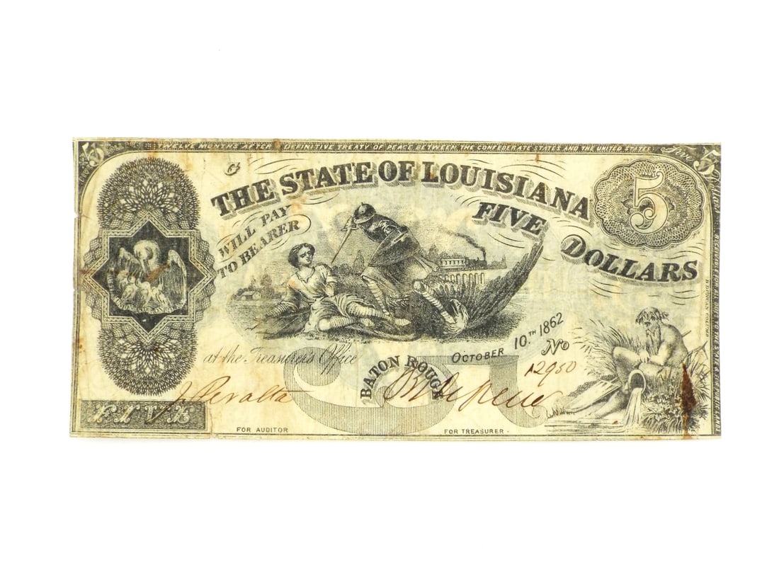 Confederate Louisiana 5 Dollar Bill: Well circulated $5 banknote displaying a crisp, detailed obverse vignette with age toned patina, light foxing and expected handling wear. Hand signed in ink by J. Peralta for auditor and B. Blanche