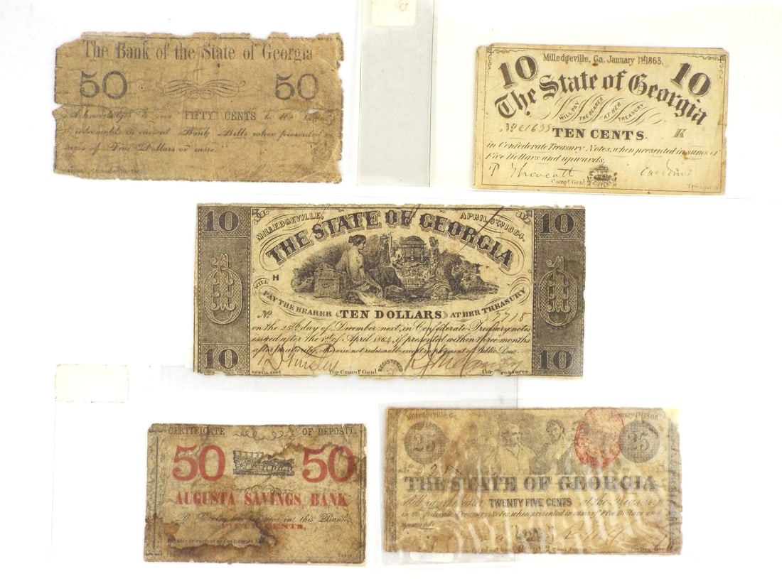 Five Confederate Georgia Notes: Five piece collection of paper currency notes and fractional scripts displaying heavy handling wear, typical age toning and perimeter chipping with moderate creasing throughout. The Bank of the State