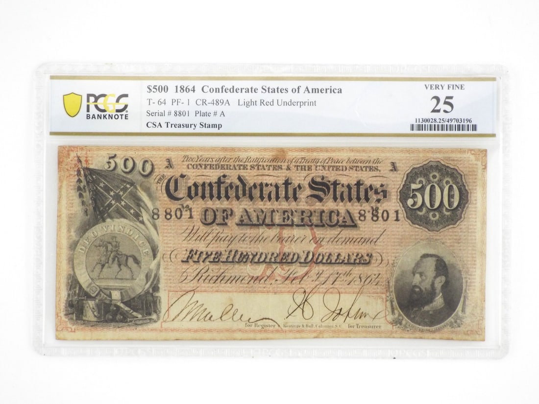 Graded Confederate 500 Dollar Bill: T-64 note displaying honest circulation wear with light staining, yet remaining entirely solid throughout. The body retains legible text, distinctive vignette details, and its characteristic light