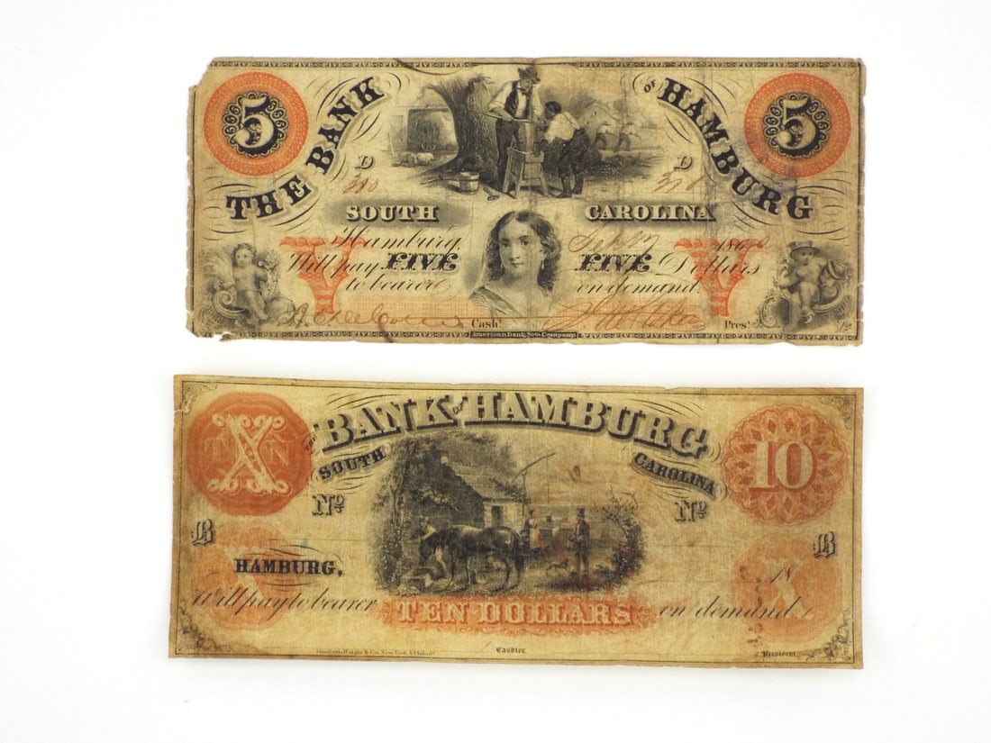 Two Confederate Hamburg S.C. Notes: Pair of obsolete paper currency bank notes issued by The Bank of Hamburg, South Carolina, comprising a five dollar denomination dated September 1861 and a ten dollar denomination. Minor edge fraying,