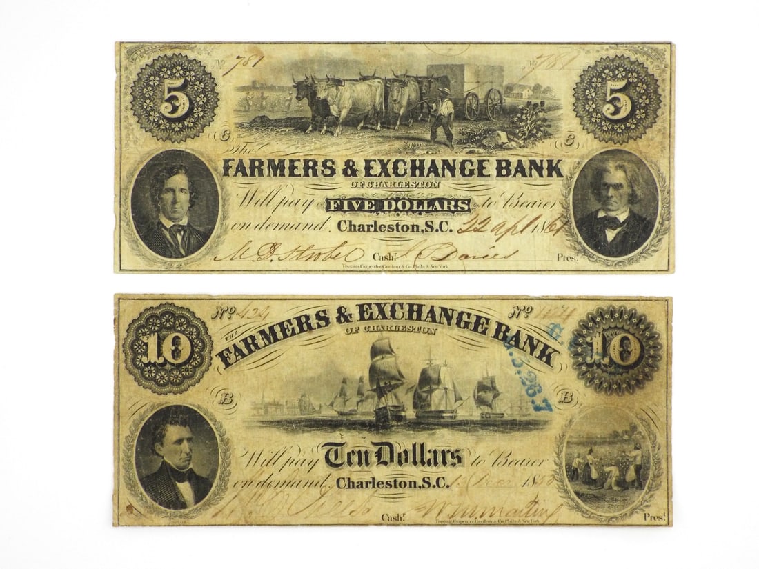 Two Confederate Charleston S.C. Notes: Two paper bank notes including an April 22, 1861 five dollar note with ox wagon and John C. Calhoun vignettes and a December 13, 1853 ten dollar note featuring sailing ships and a cotton picking