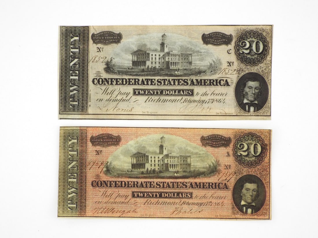 Two Fine Confederate $20 Bills: Blue and Green Backs Paper notes exhibit central State Capitol vignette and Alexander Stephens portrait. Top note features black ink on plain paper with a blue geometric reverse. Bottom note displays