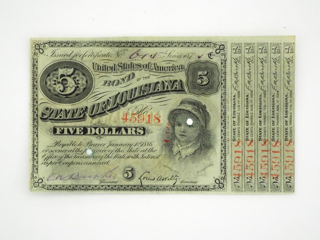 Confederate Louisiana 5 Dollar Note: Obverse exhibits minor handling wear to the crisp banknote paper with two crisp cancellation punch holes through the center fields. Left margin retains five intact vertical interest coupons bearing