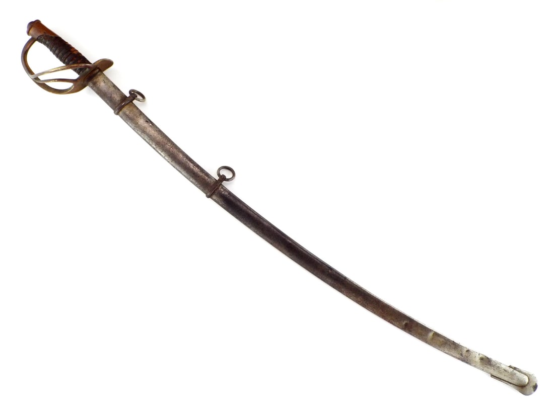 Civil War Light Cavalry Sword Marked J.B. ALLERE CHICAGO & M: Single edged blade showing age graying, minor staining and distinctive J.B.A over M inspector stamps at the ricasso. Brass three branch guard retains a dark mellow patina, securing a wire wrapped