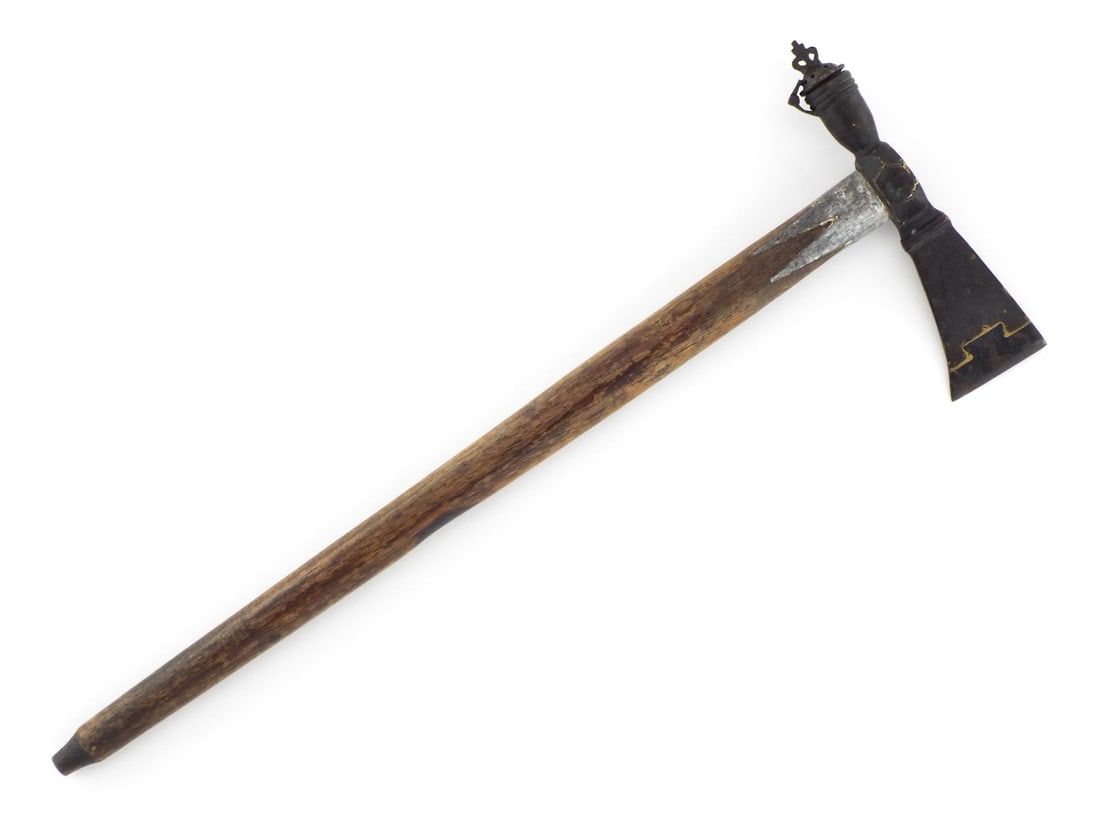 Rare North American Pipe Tomahawk Axe HINGED WIND CAP & BRASS OVERLAY (1 of 16)