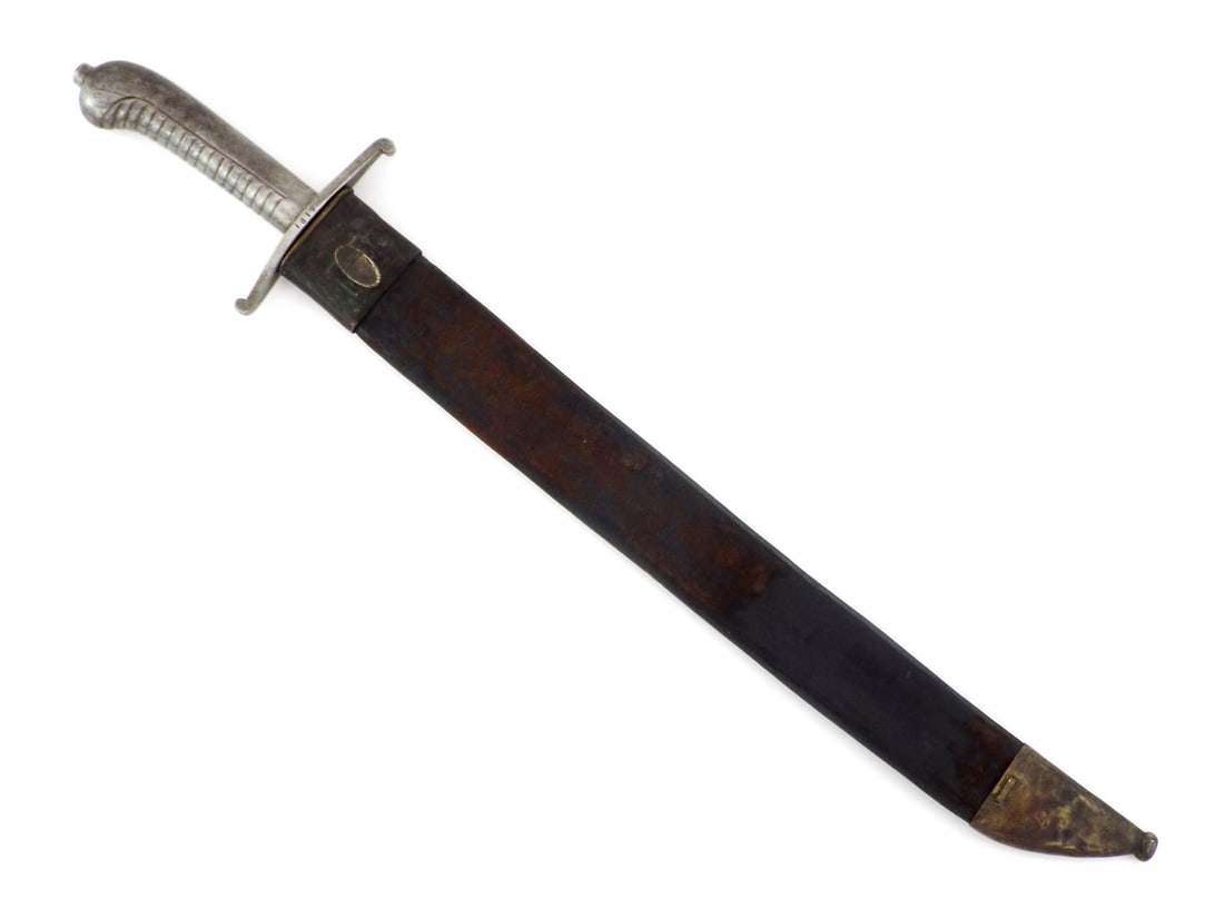 Refurbished Imperial German M1845 Sidearm SAXON INFANTRY with Matching Serial Numbers: Refurbished single edged steel blade showing vertical abrasive cleaning scratches and hatchet point, with deep die struck matching serial number 5191 at the ricasso. The straight crossguard repeats th