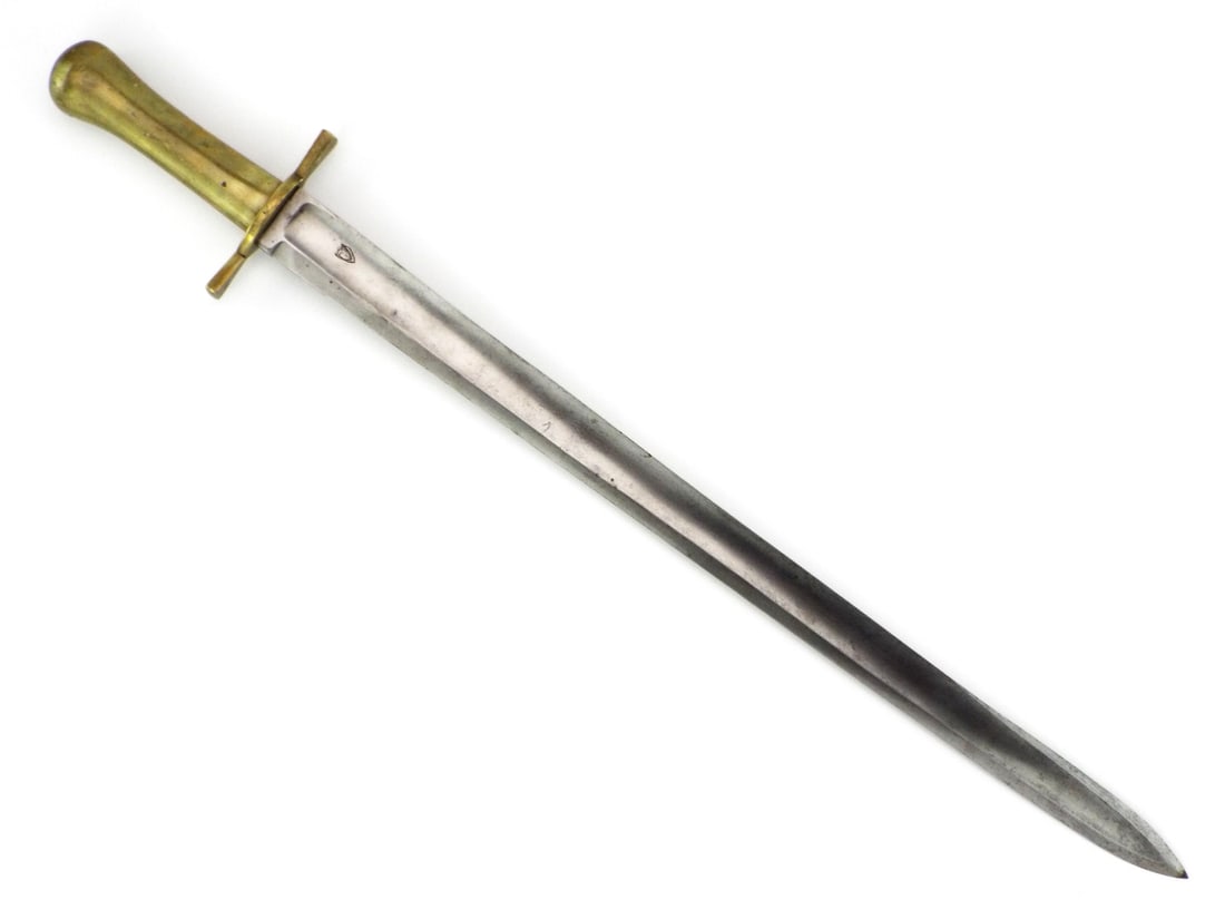 European 19th C. Bayonet Sword with Castle ARMORERS STAMP: Straight single edged steel blade with broad fuller exhibits localized graying and age toning, featuring a crisp double bordered shield stamp on the ricasso. All brass cast hilt forms a tapered grip w