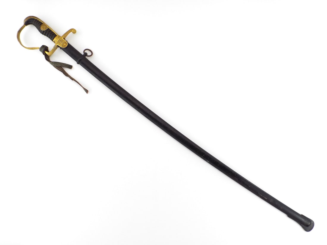 German WWII Private Purchase Army Officer Sword By F.W. HOLLER SOLINGEN: Sword with bright blade bearing Solingen maker mark, showing light surface wear and scattered handling marks. Gilt brass hilt with eagle and ensign langet, opposing monogrammed langet, black ribbed ce