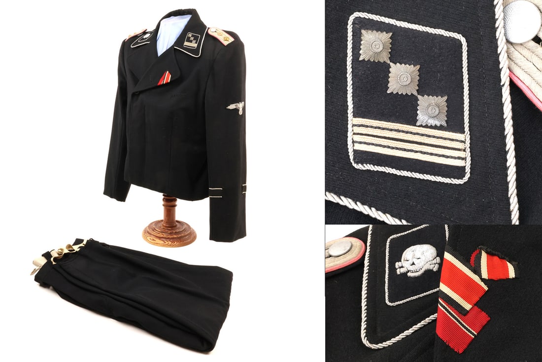 German WWII Decorated SS PANZER OFFICER Uniform Set: Bespoke black wool body exhibits light surface wear and minor moth tracking. Hand embroidered bullion officer grade SS sleeve eagle and skull collar tabs show age toning. Set shows solid construction 