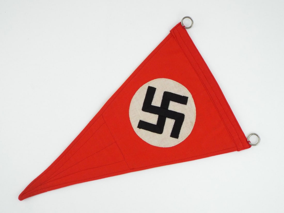 German WWII Triangular Vehicle Pennant: German WWII Triangular Vehicle Pennant with RZM paper tag. Length 13 inches.