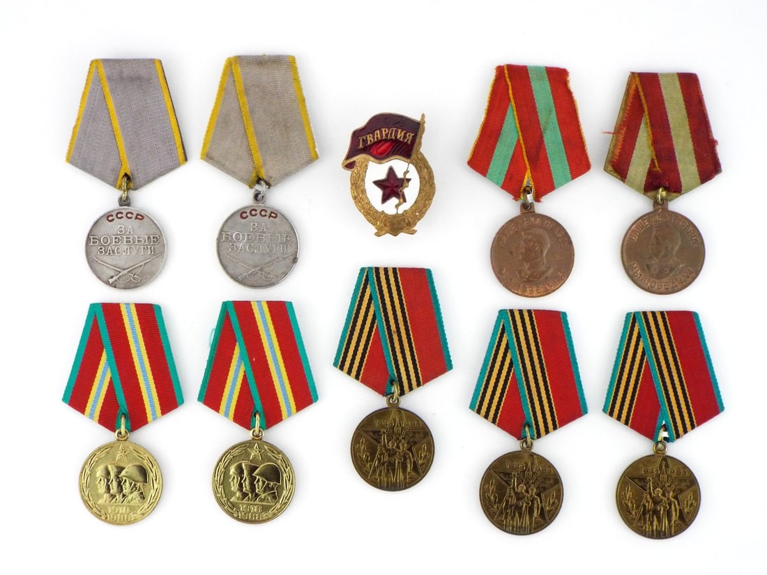 Group of 10 Soviet WWII & Cold War Medals with Ribbons: Group of 10 Soviet Medals with Ribbons includes 2 Jubilee Medal 70 Years of the Armed Forces of the USSR, 3 Jubilee Medal Forty Years of Victory in the Great Patriotic War 1941–1945, 2 Medal For