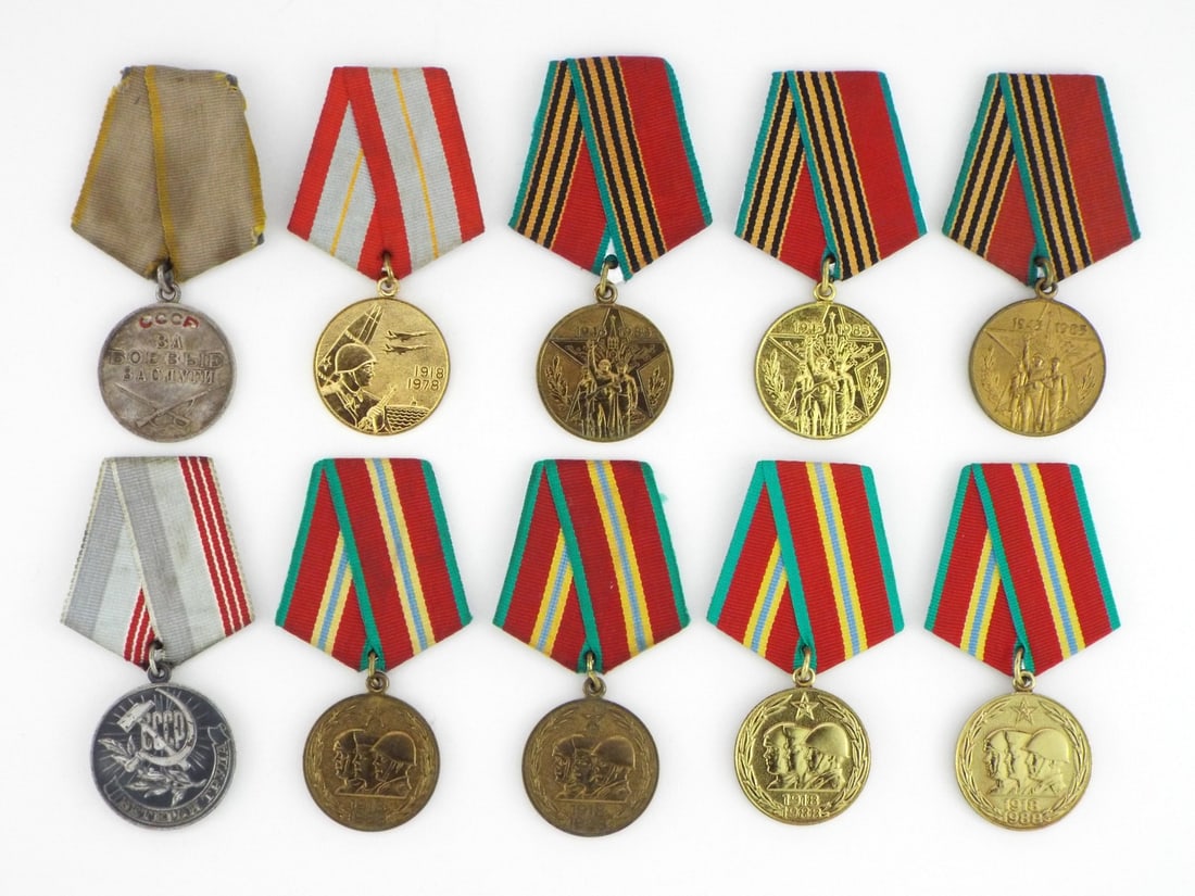 Group of 10 Soviet WWII & Cold War Medals with Ribbons: Group of 10 Soviet Medals with Ribbons includes 4 Jubilee Medal 70 Years of the Armed Forces of the USSR, 3 Jubilee Medal 30 Years of Victory in the Great Patriotic War 1941–1945, 1 Jubilee Medal