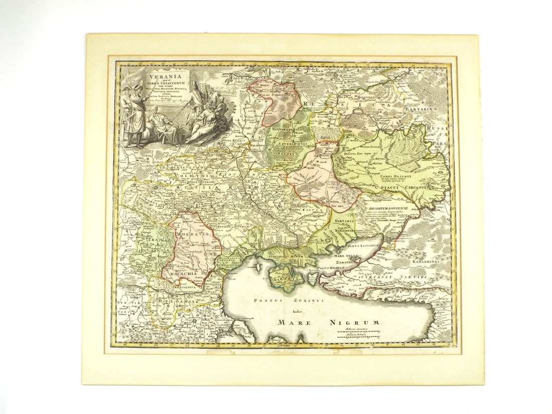 German 18th C. Northern War Map By JOHANN BAPTIST HOMANN Hand Coloring: Copperplate printed map showing minor toning along centerfold, light edge foxing and mild handling marks. Hand colored territorial borders remain clear and defined. Vignette cartouche displays sharp i