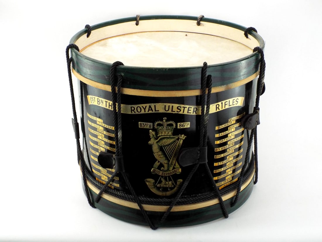 British Post WWII Royal Ulster Rifles Side Drum with WWII BATTLE HONORS (1 of 20)