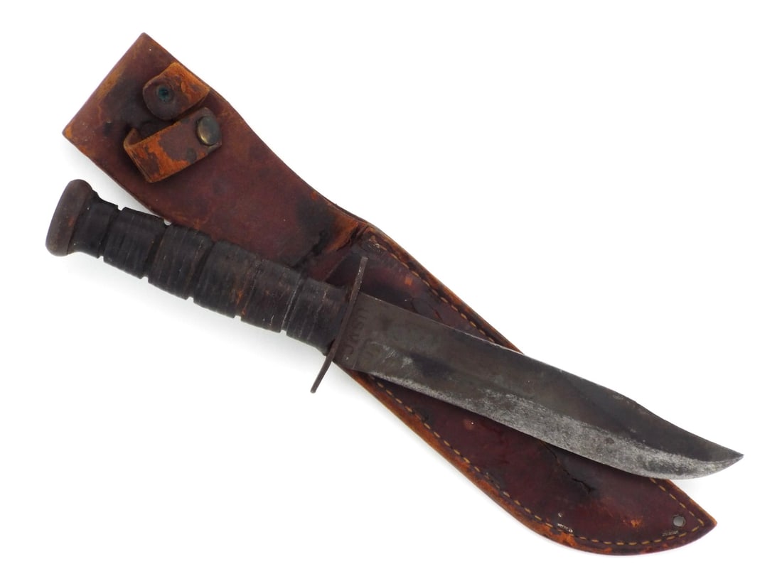US WWII Combat Knife KA-BAR with Stacked Leather Washer Grip (1 of 6)