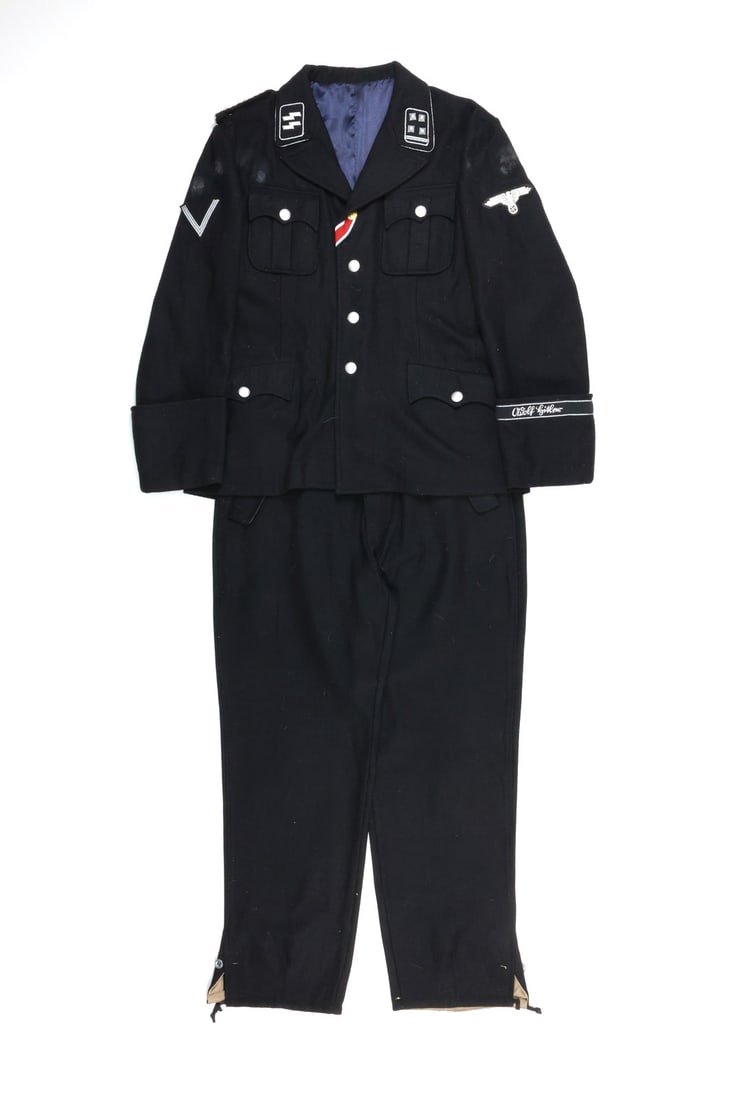 Post WWII German Made SS OFFICER Service Tunic with Trousers: Tunic body shows uniform black wool construction exhibiting light surface wear, lint and minor moth tracking, featuring buttonhole award ribbon and sleeve chevron. Left collar tab displays four rank p