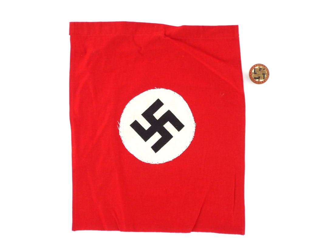 Lot of German WWII BRESLAU SA DONATION BADGE & CAR BANNER: Circular donation badge with vaulted enamel center, showing some surface crazing and minor enamel loss, featuring a central ensign with regional heraldry, reverse stamped with maker and city. Included