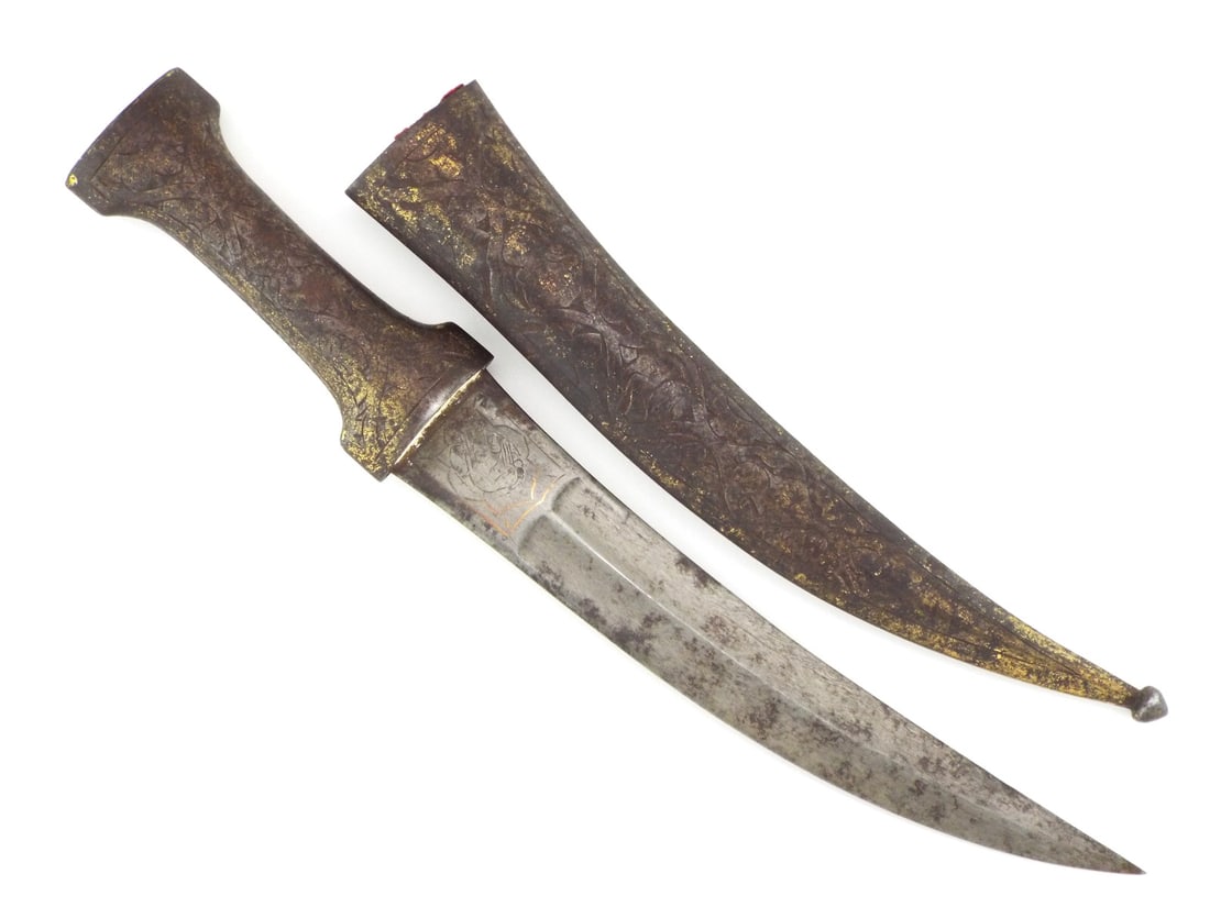 Very Good 19th C. Indo-Persian WOOTZ JAMBIYA DAGGER with Gold Highlights: Fine 19th century Indo-Persian jambiya dagger exemplifies the refined cultural synthesis of Persianate motifs and Indian craftsmanship, curved blade displaying a mellowed steel patina with traces of h