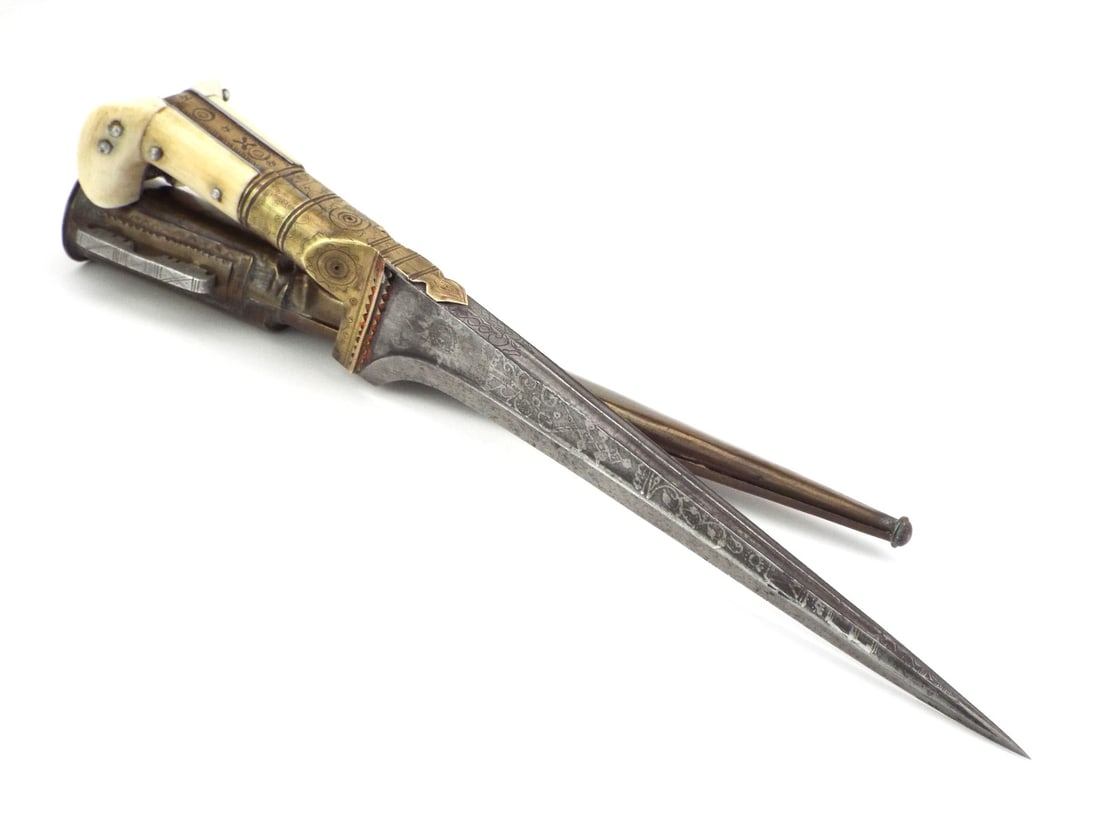 Very Nice Antique Middle Eastern Islamic PESH KABZ DAGGER: T-section spine blade with damascus patterns exhibits graying with engraved Islamic calligraphy and floral motifs. Substantial Very Fine grip scales show cream toning, secured by steel rivets to a ful