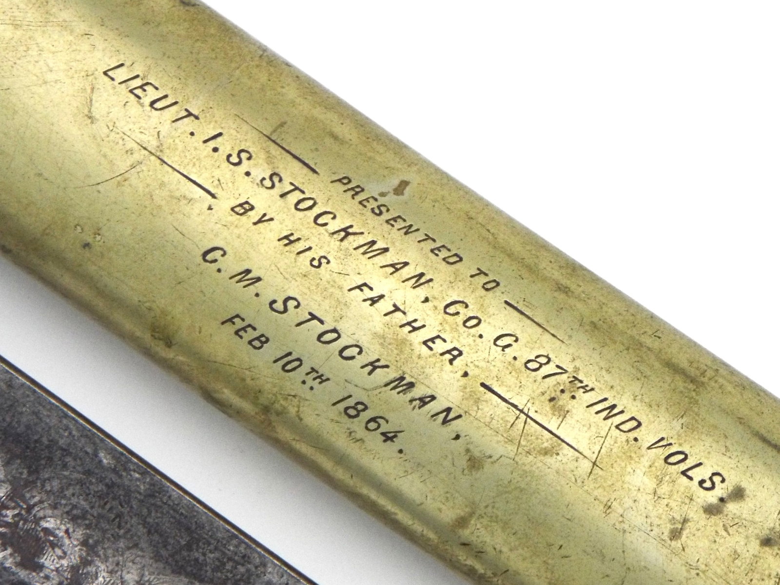US Civil War NAMED & DATED Presentation Sword Indiana Volunteer Infantry: 1st Lieutenant Isaac S. Stockman served in Company G, 87th Indiana Volunteer Infantry, a regiment organized in August 1862 that fought extensively with the Army of the Ohio and Army of the Cumberland,
