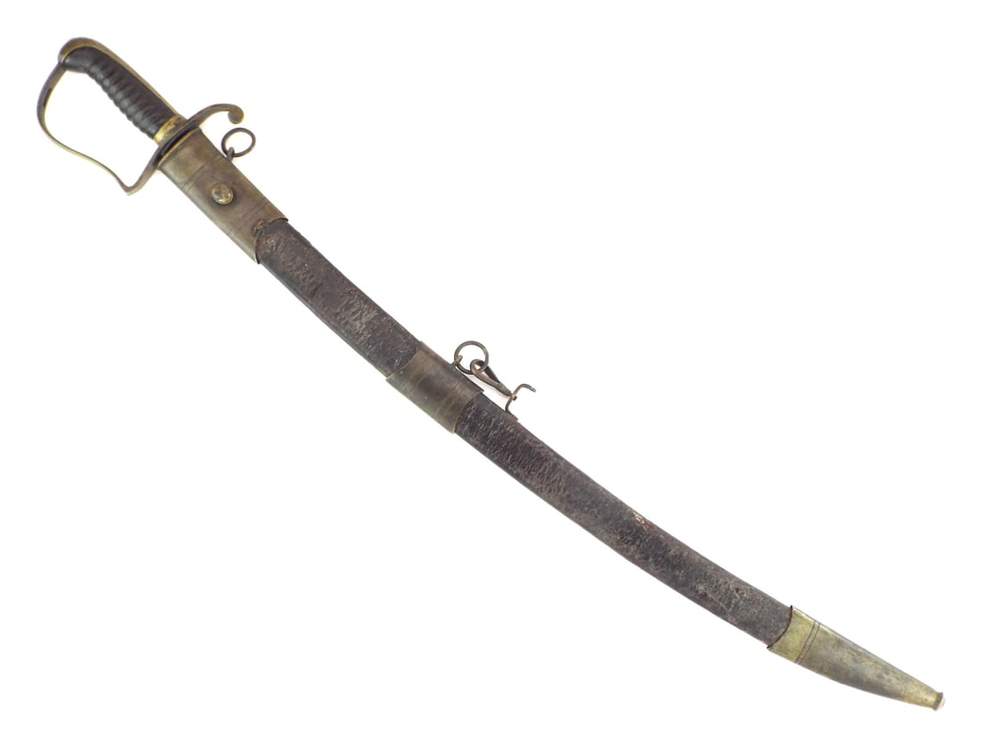 Rare US Civil War FLANK OFFICER SWORD with Extremely Rare Leather Scabbard: Curved blade shows moderate oxidation and age toning with faint floral and trophy of arms engravings. Brass guard and pommel retain a deep uncleaned patina. Leather grip displays heavy honest wear. Le