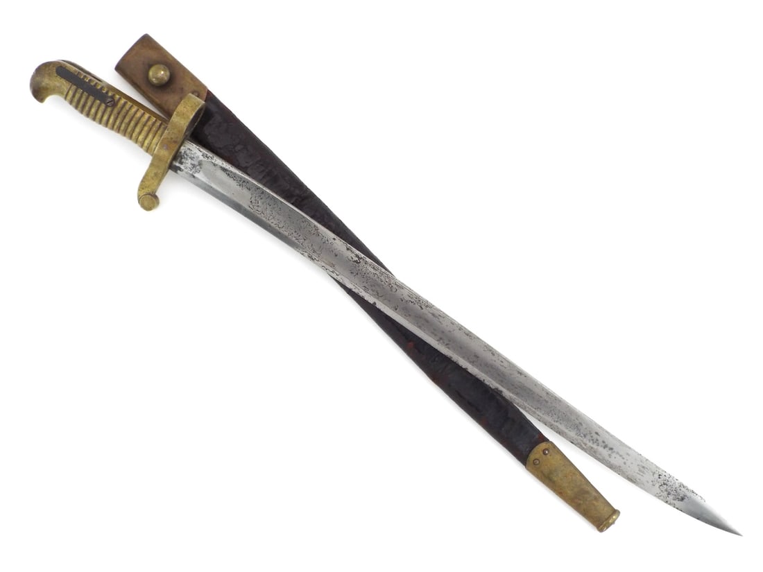 US Civil War Colt Mississippi Alteration Sword Bayonet By AMES MANUFACTURING CO.: Straight steel blade shows uniform graying, oxidation and dark surface patination. Solid brass hilt exhibits heavy natural tarnish across ribs, fitted with an intact external iron spring and mounting 