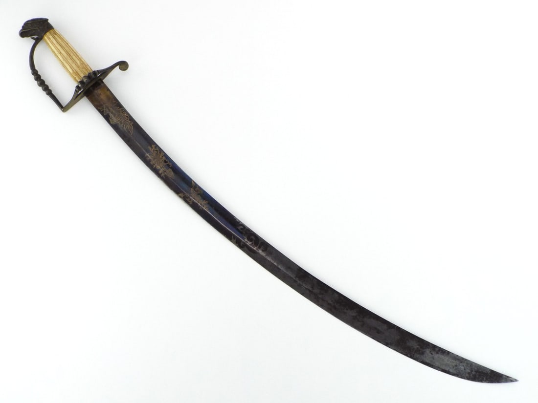 US War of 1812 Eagle Head Officer Sword Bone Grip BLUE & GILT: Decorated blade exhibits light corrosion, minor surface spots and vivid blued finish retaining sharp gilt floral etching and military trophies. Brass guard features classic five ball knucklebow connec