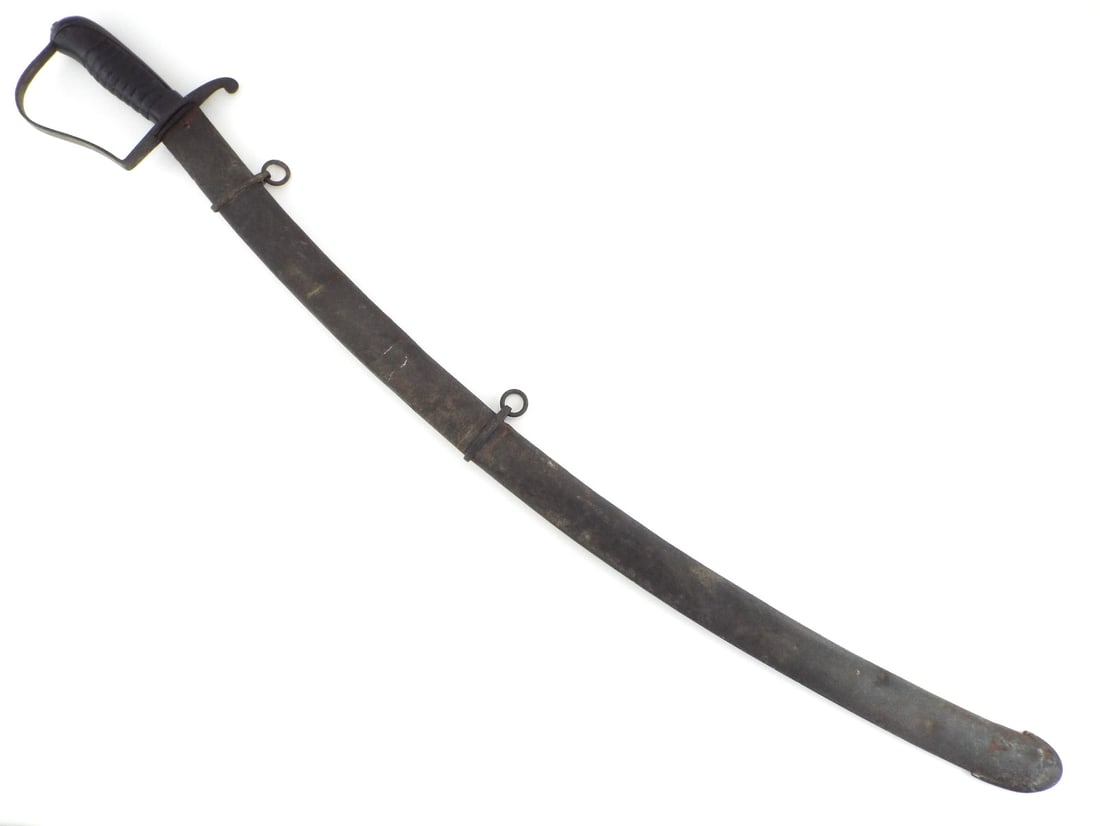 US Civil War Starr Artillery Sword Iron P-Guard & SCABBARD: Blade exhibits light darkening and age peppered patination, spine is straight. Iron stirrup P-guard hilt shows smooth dark patinated finish, terminating in a rounded quillon with a tightly ribbed