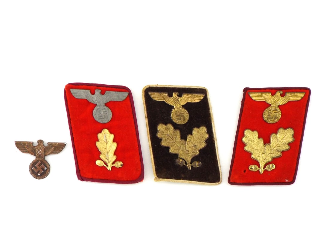 German WWII NSDAP Gauleitung Grouping COLLAR TABS & CAP EMBLEM: Lot features three political leader collar tabs on dark brown and red velvet backings, each showing light age toning to metal oak leaf sprigs and party eagle devices, with reverse buckram backings dis