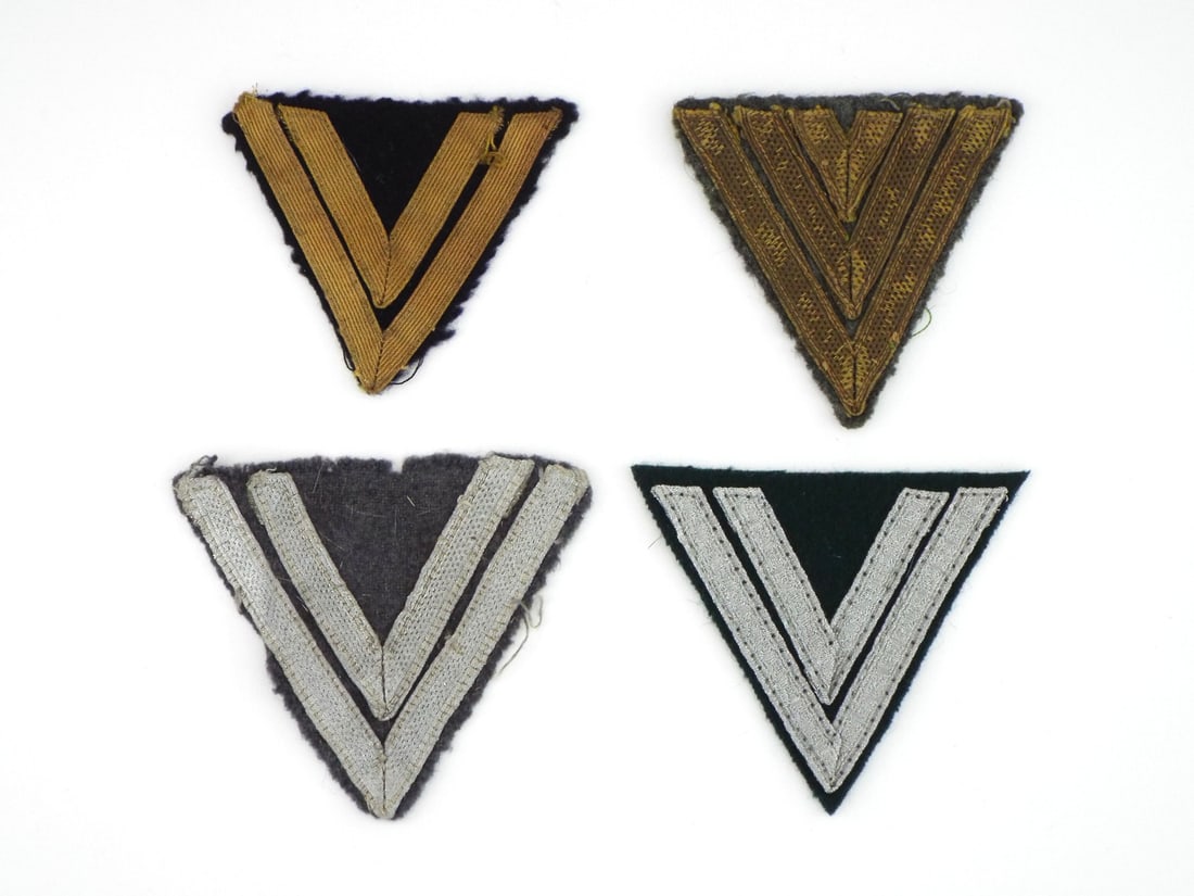 Lot of 4 German WWI - WWII Rank Insignia with BULLION EMBROIDERY: Group of four German military chevron sleeve ranks comprises three Corporal and one Sergeant examples, showing wool and felt backings with gold and silver metallic braid construction. Backings display