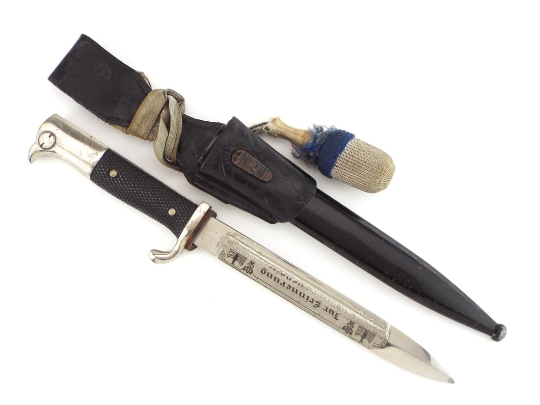 Private Purchase German WWII Army Etched Dress Bayonet By F.W. HOLLER: Nickeled, single edged blade features clean etched panel translating In Memory of My Service Time flanked by Wehrmacht eagles and oak leaf motifs, displaying faint runner wear and minor surface staini