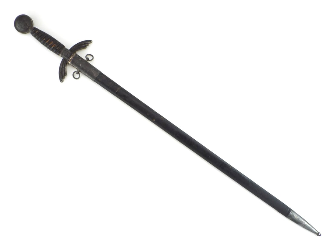 German WWII Luftwaffe Officer Sword EICKHORN SOLINGEN: Double edged bright steel blade shows light surface drag lines and a crisp stamped manufacturer mark. Hilt exhibits a darkened nickel patina across the winged crossguard and circular pommel, with mild
