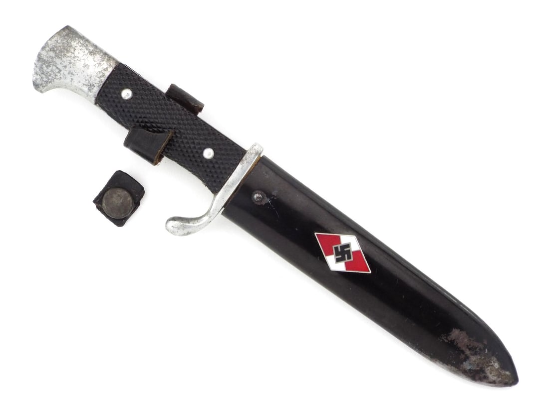 German WWII DJ KNIFE with RARE Diamond Emblem on Scabbard: Blade displays moderate oxidation and sharpening wear. Nickel crossguard and pommel exhibit significant lifting and surface patina. Checkered composition grip plates remain secure with typical handlin