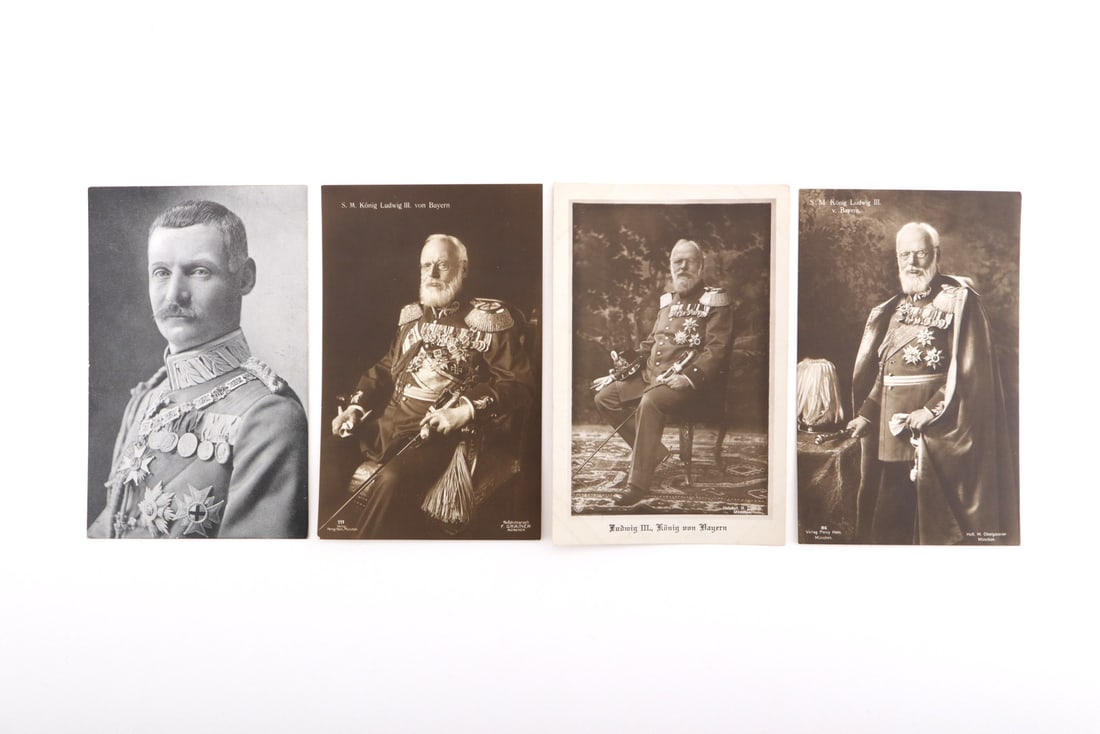 Four German WWI Kingdom of Bavaria POSTCARDS: Real photo postcard portraits depicting King Ludwig III of Bavaria in royal dress and a imperial German officer, showing minor edge wear and light toning, reverse sides unposted with publisher marks a