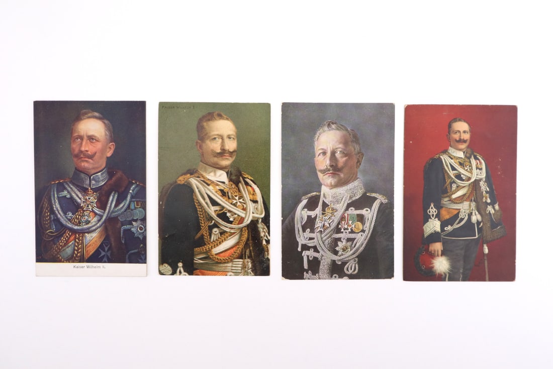 German WWI Imperial Postcards Colored Photo Portraits: Group of four postcard format color tinted portraits depicting Kaiser Wilhelm II in full Imperial military dress, featuring distinct publishers including Stengel & Co. and Friedrich O. Wolter, exhibit