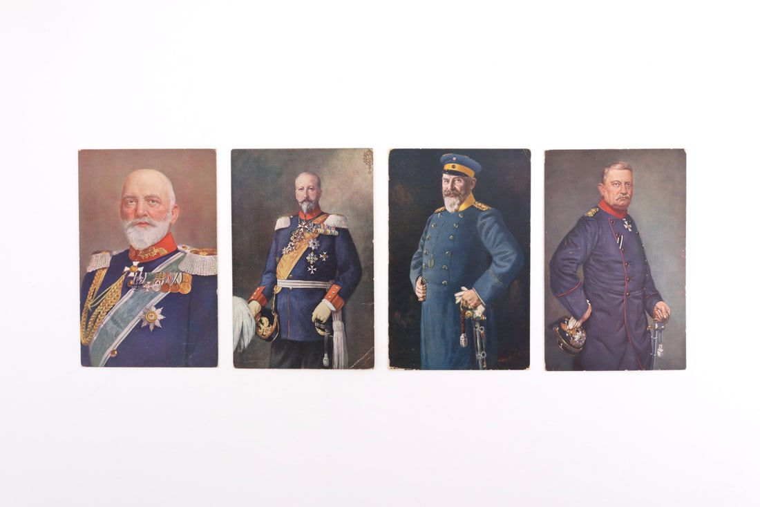 German WWI Imperial Postcard Group Printed Color Military Portraits: Four period color lithograph portrait postcards depicting prominent World War I military leaders and monarchs, including Generaloberst von Heeringen, Tsar Ferdinand I of Bulgaria, King Wilhelm II of W