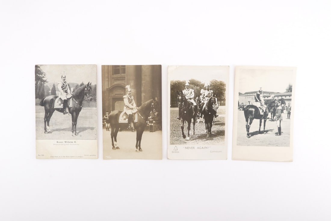 German WWI Group of Four Postcards KAISER WILHELM II & Cavalry Officers: Group of four real photo postcards depicting Kaiser Wilhelm II in full parade dress on horseback alongside imperial cavalry officers, showing silvering, edge wear, light corner creasing, unused postca