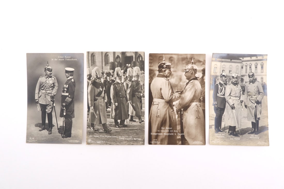 German WWI Postcards KAISER WILHELM II: Four real photo postcards featuring Kaiser Wilhelm II alongside high ranking commanders and German royalty, exhibiting mild age toning and edge wear. Versos bear period handwriting, publisher marks an