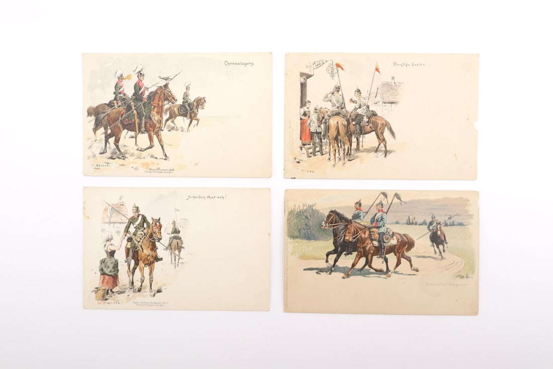 German Imperial WWI Bavarian Military Postcards C. BECKER Illustrative Artwork: Set of four color lithographic military postcards featuring Bavarian cavalry subjects with light edge wear and mild toning. Unused verso displays standard printed publisher markings and lines, showing