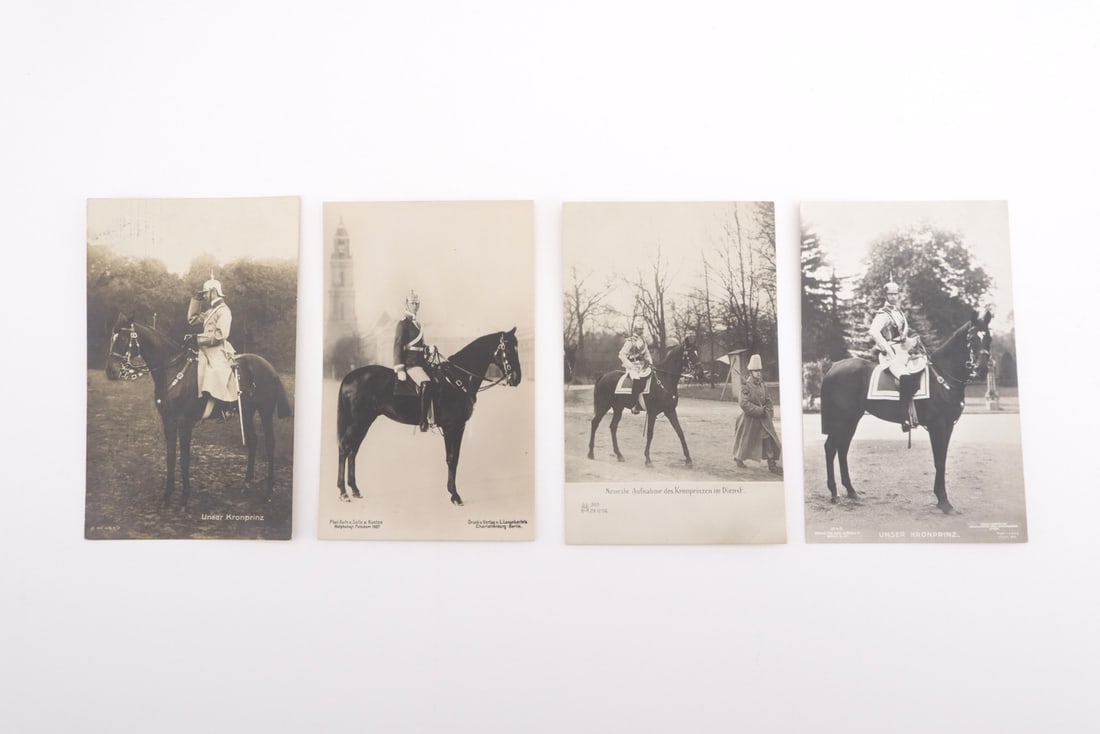 German Imperial WWI Era Crown Prince Wilhelm Postcards: Lot of four photographic postcards depicting Crown Prince Wilhelm on horseback in parade dress, published by Selle & Kuntze, Liersch and Langebartels, showing minor corner bumps, edge wear, light toni