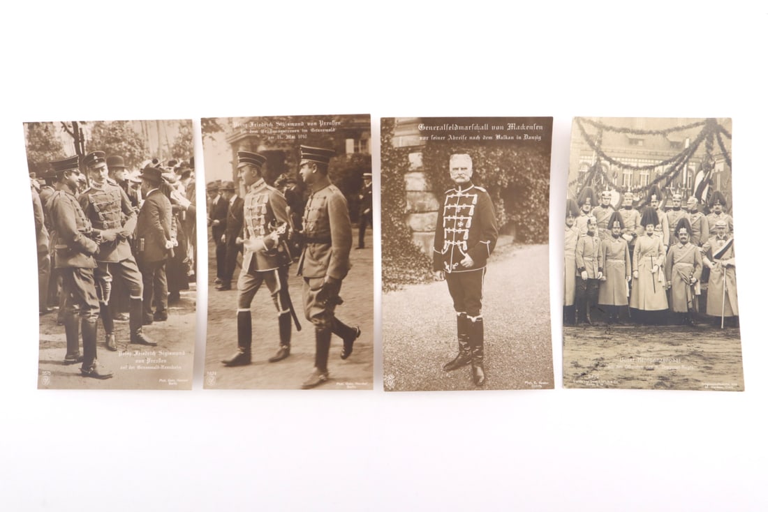 German WWI Royal Postcard Group Field Marshal von Mackensen: Four period real photo postcards depicting Imperial German royalty and military leaders including Prince Friedrich Sigismund and Field Marshal von Mackensen, showing light toning, edge wear, corner ro