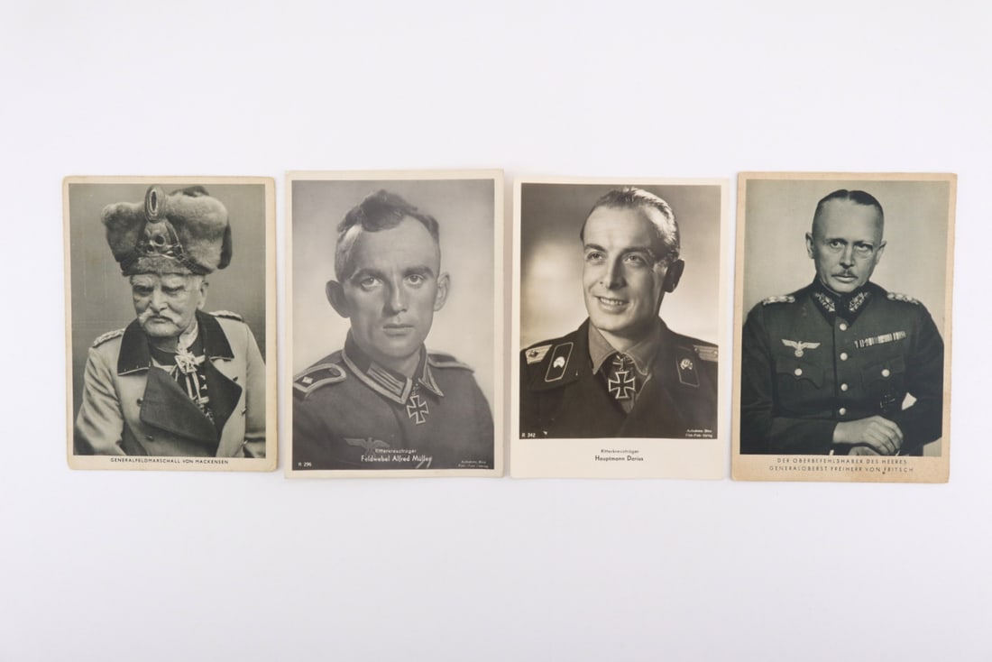German WWII Postcard Group MILITARY OFFICERS: Photographic paper exhibits mild toning with scattered corner bumping and light edge wear consistent with age, featuring clear printed captions and reverse postcard layout with intact publisher markin