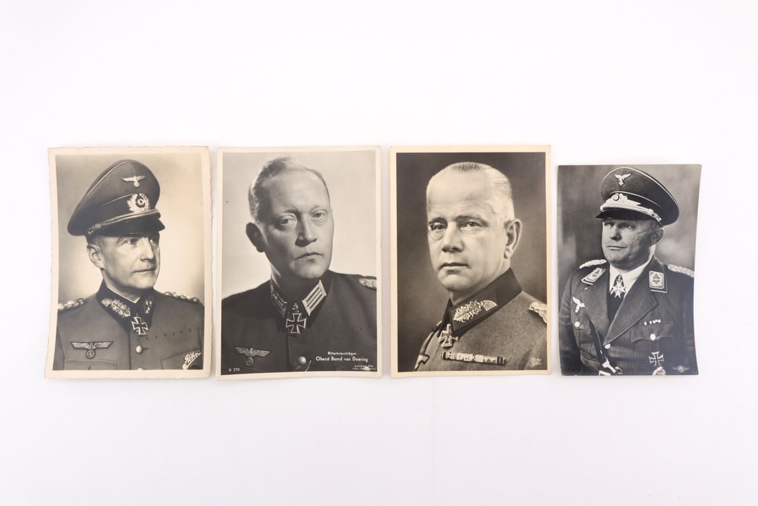 German WWII Four Officer Portrait Postcards: Set of four vintage black and white portrait postcards depicting military officers in uniform, displaying minor edge toning, mild surface wear and light corner creasing, with reverse sides bearing pri